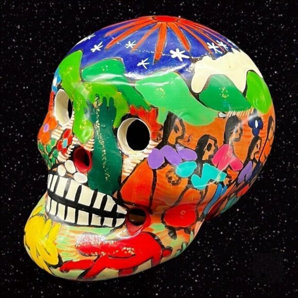 Day of The Dead Pottery Skull Halloween Decor Hand Painted Folk Art Figurine 3”T